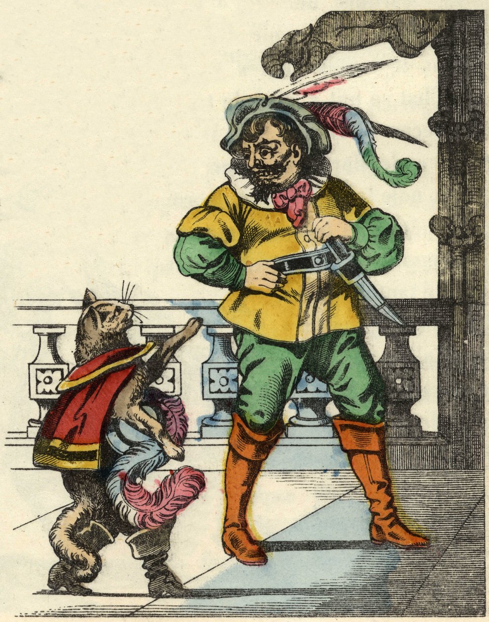 Saapaskissa kohtaa ogren. Kuvitus Charles Perraultin tarinasta "Kissapullo". tekijältä Unknown artist