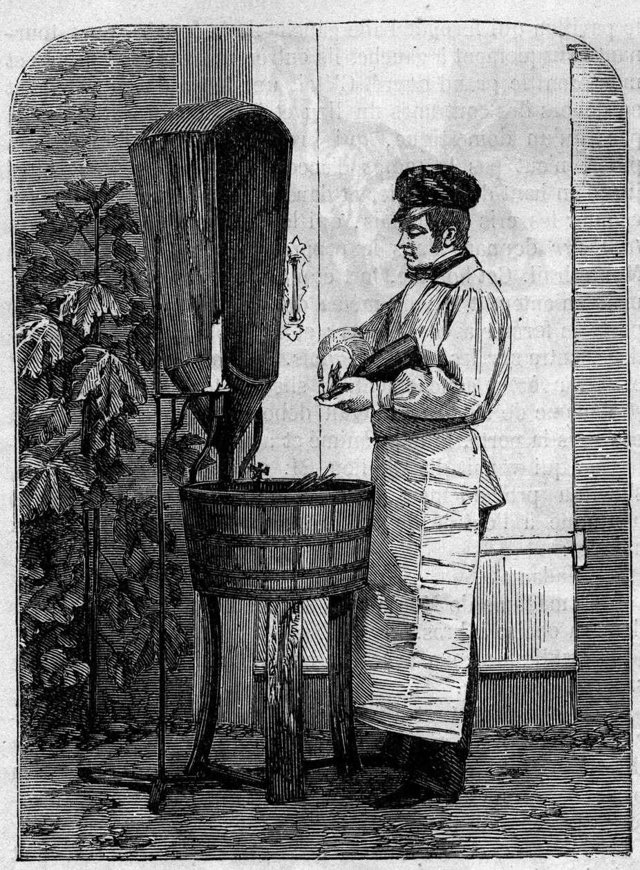 Samppanjaviinin pullotus. Kaiverrus vuodelta 1864. tekijältä Unknown artist