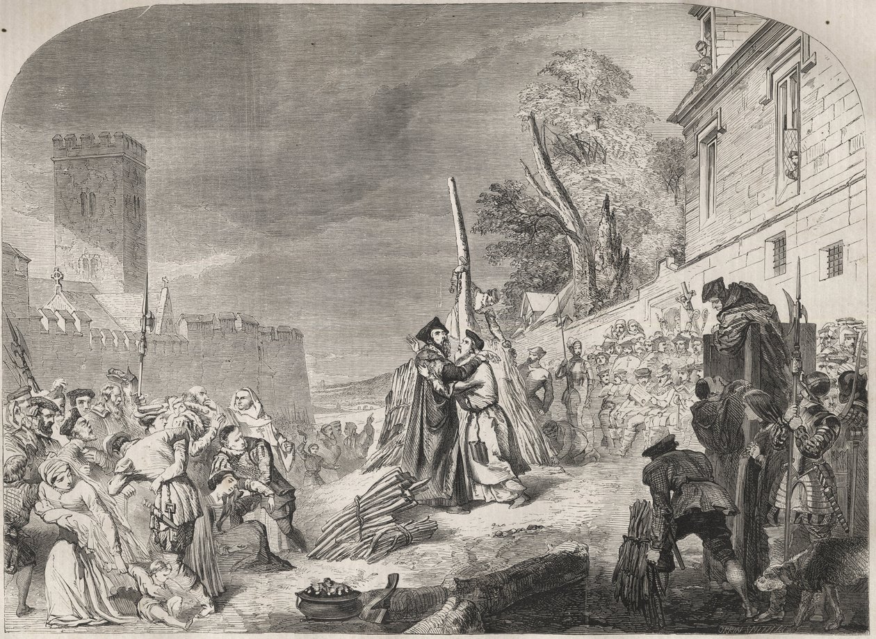Piispojen Nicholas Ridleyn ja Hugh Latimerin polttaminen roviolla lähellä Balliol Collegen portteja, Oxford, Englanti tekijältä Unknown artist