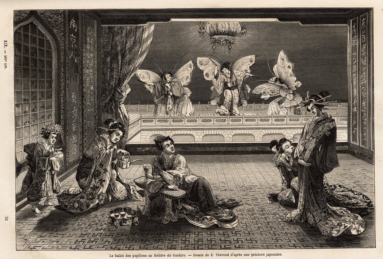 Perhosbaletti Gankiro-teatterissa Miyozaki Pleasure Districtissä Yokohamassa. Kaiverrus havainnollistamaan matkaa Japaniin, Sveitsin valaliiton ministeri Aime Humbert vuosina 1863-1864, julkaistu "" le tour du monde" -lehdessä. tekijältä Unknown artist
