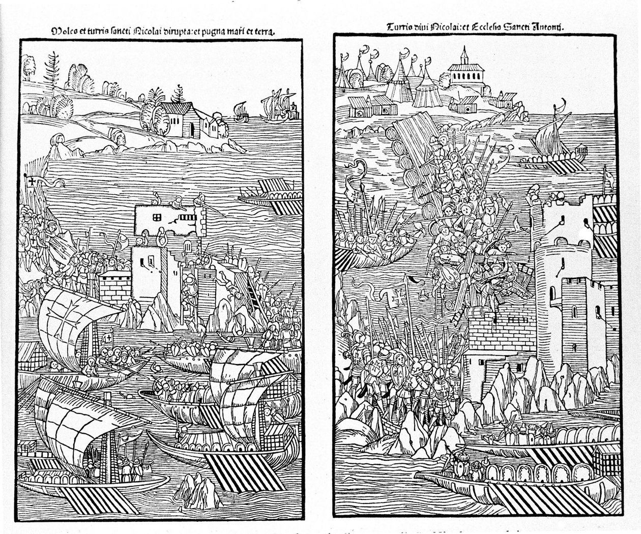 Rodoksen valtaaminen turkkilaisten toimesta vuonna 1522. Turkkilaiset hyökkäävät Pyhän Nikolauksen linnoituksen kimppuun. Ksylografia. tekijältä Unknown artist