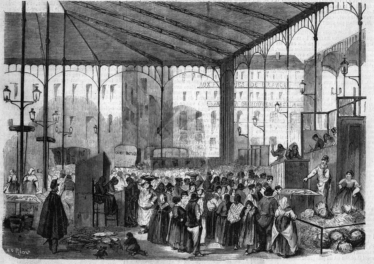 Pariisin keskustori: kalamarkkinat vuonna 1858. tekijältä Unknown artist