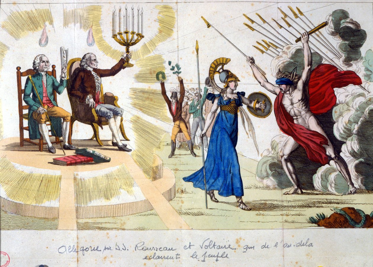Lumieresin vuosisata: filosofit Jean Jacques Rousseau ja Voltaire valaisevat ihmisiä menneisyydestä - allegoria tekijältä Unknown artist