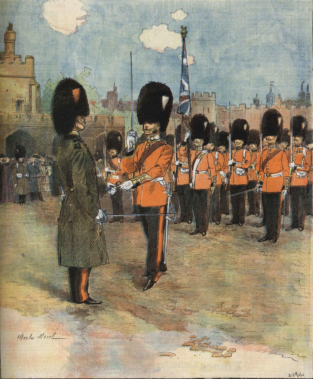 Vartijan vaihto Buckinghamin palatsissa Lontoossa vuonna 1893. Kuvitus: M.C. Morel. Bianchetti kokoelma. tekijältä Unknown artist