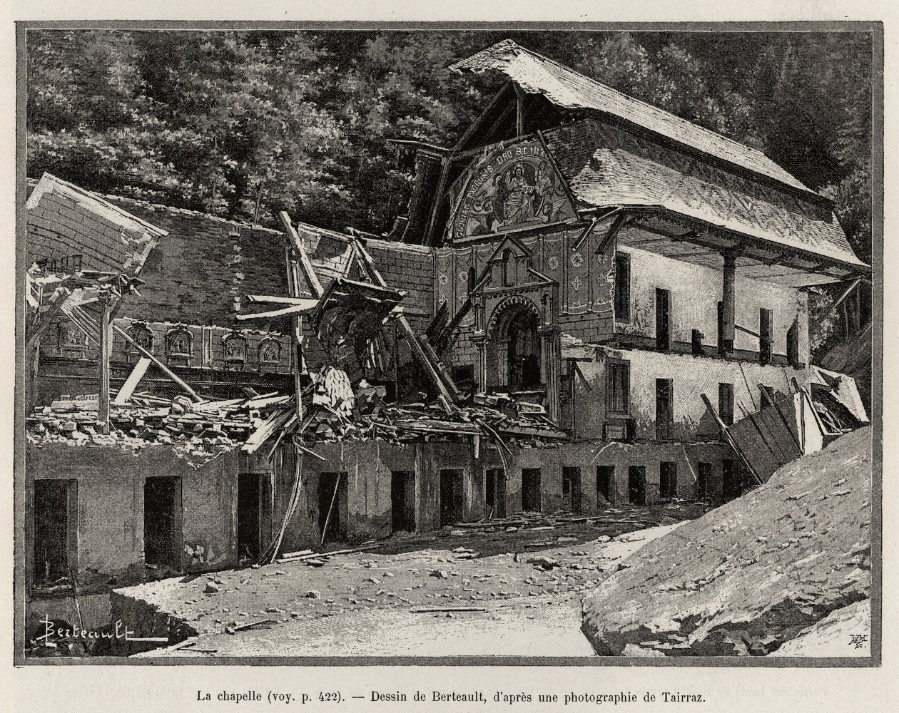 Arven ylivuoto tuhosi kappelin. Berteault-kaiverrus havainnollistamaan tarinaa "La Catastrophe de Saint Gervais les Bains" tekijältä Unknown artist