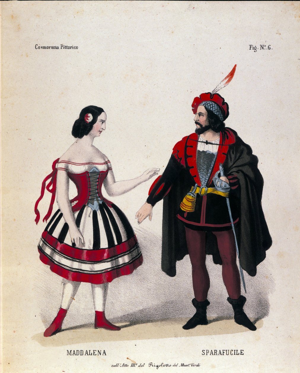 Maddalenan ja Sparafucilen hahmot säveltäjä Giuseppe Verdin (1813-1901) oopperan Rigoletto III näytöksessä tekijältä Unknown artist