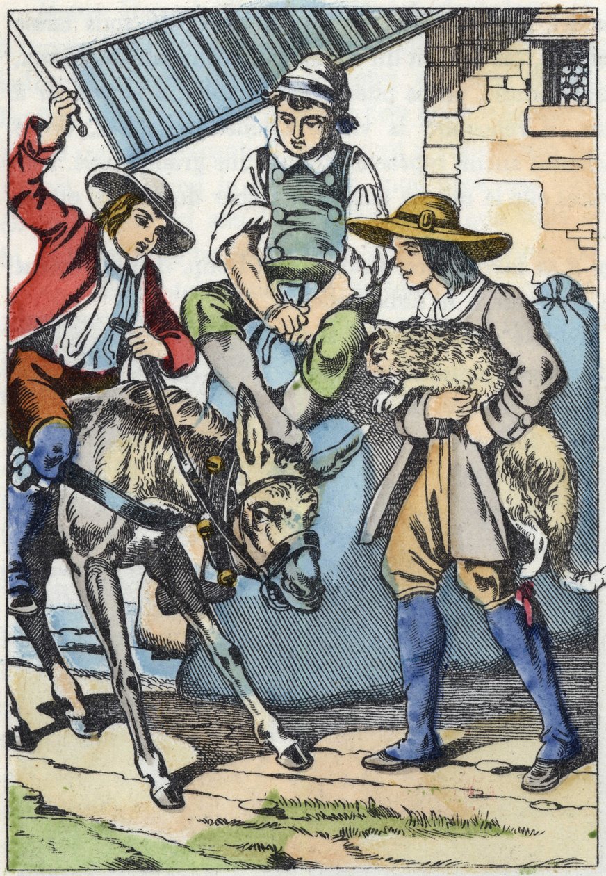Juuri kuolleen ohjaajan lapset jakavat hänen omaisuutensa: aasi, mylly ja kissa. Kuvitus Charles Perraultin tarinasta "Kissapullo". tekijältä Unknown artist