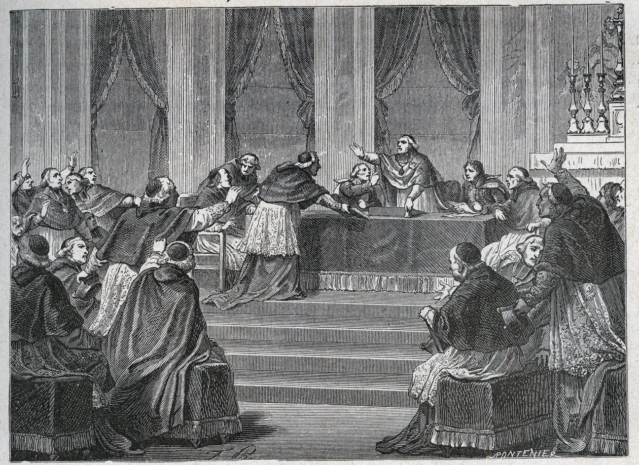 Ranskan ja Italian pappi kokoontui Pariisissa Ranskan kansallisneuvoston kokoukseen 9. kesäkuuta 1811, puheenjohtajana kardinaali Fesch (1763 - 1839). tekijältä Unknown artist