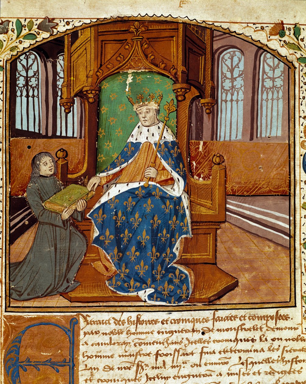 Kolumnisti kirjailija Enguerrand de Monstrelet (1400-1453) lahjoittaa kirjansa kuningas Kaarle VII:lle (1403-1467) Miniatyyri Chronicles d