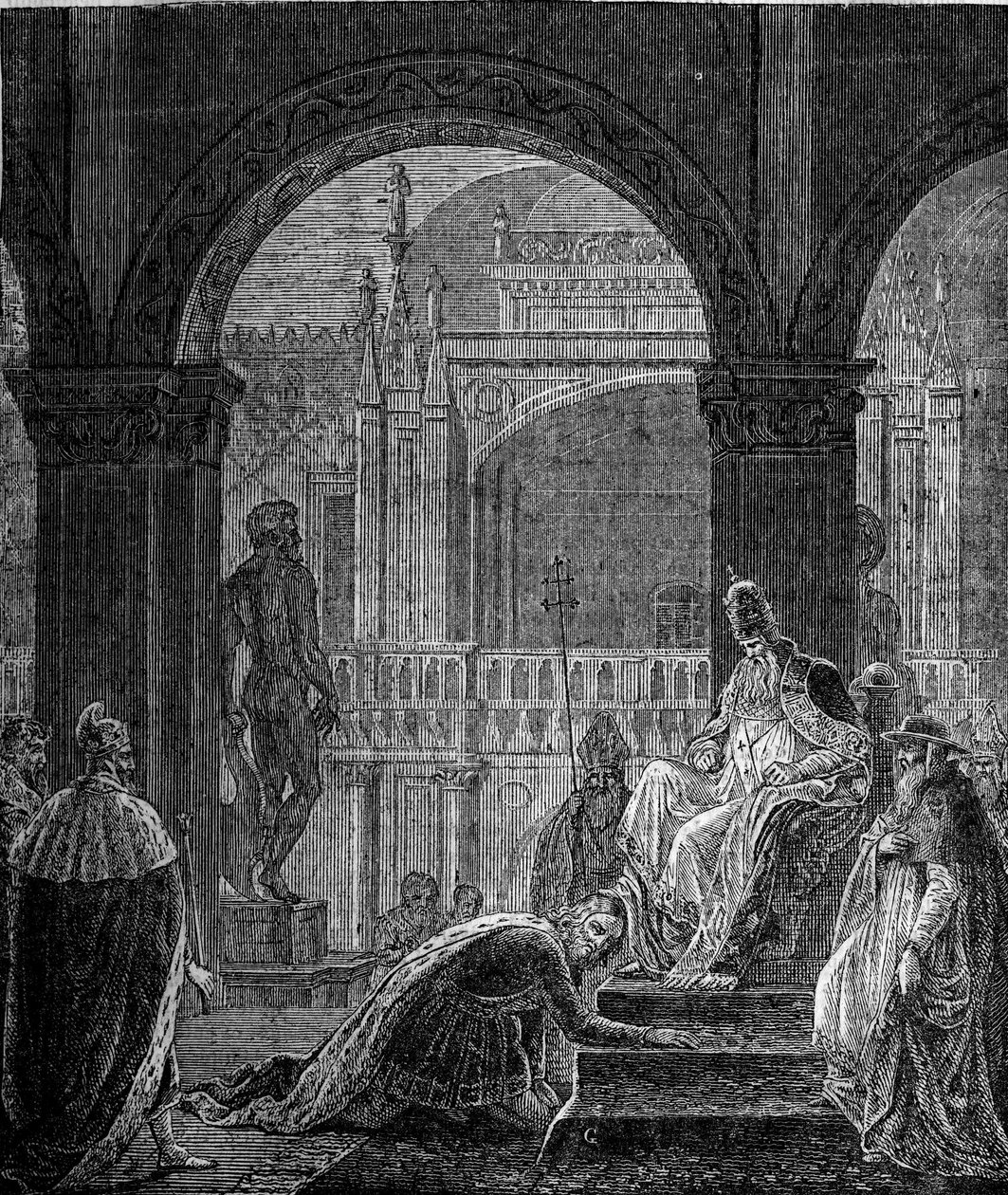 Konflikti Frederic Barberoussen (Federico Barbarossa) ja paavi Aleksanteri III:n (Aleksanteri, Alessandro III) (1105-1181) välillä. Keisari Barberosen nöyryytys Dogen palatsissa Venetsiassa vuonna 1177. Frederick Barbarossan maan julkinen kunnianosoitus pa tekijältä Unknown artist