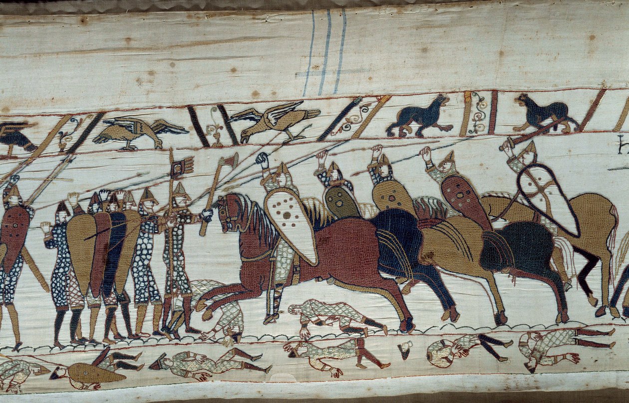 Normandian herttua William Valloittajan (1027-1087) valloittanut Englannin vuonna 1066: kohtaus Hastingsin taistelusta, joka vastusti normannin jalkaväkeä saksin ratsuväkeä vastaan. Yksityiskohta Bayeux