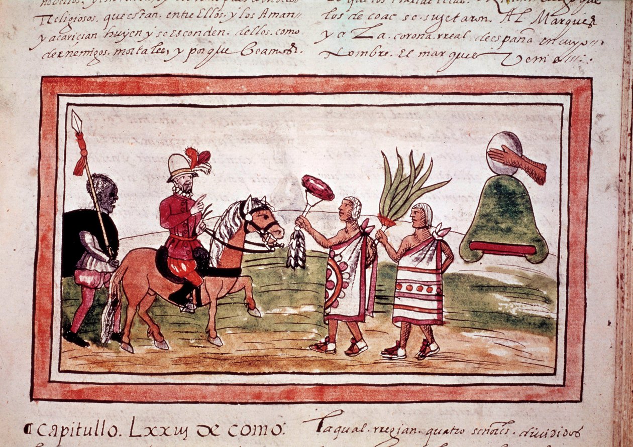 Espanjan valloittaja Hernando Cortesin (Hernan tai Fernando Cortes tai Cortez) Meksikon valloitus tekijältä Unknown artist