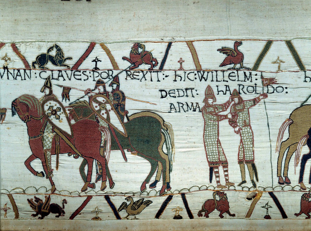 Normandian herttuan William Valloittajan (1027-1087) Bretagnen valloitus: vasemmalla herttua saa Dinanin kaupungin avaimet, oikealta hän tekee ritari Haroldin, jonka lähetti Englannin kuningas Edward Tunnustaja Detail. kuvakudoksen tekijältä Unknown artist