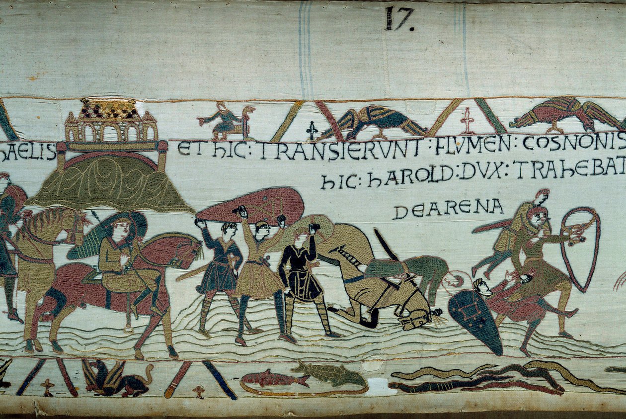 Normandian herttua William Valloittajan (1027-1087) armeija valloitti Bretagnen: Riviere du Couesnonin ylitys Mont Saint Michelin huipulla, miehet ja hevoset uppoavat liikkuvaan hiekkaan Yksityiskohta Bayeux