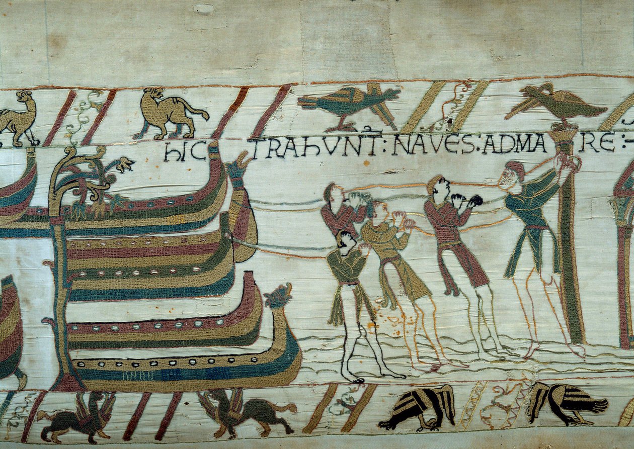 Normandian herttua William Valloittajan (1027-1087) armeija valloitti Englannin: tuskin rakennettuja laivoja lasketaan merelle Yksityiskohta Bayeux