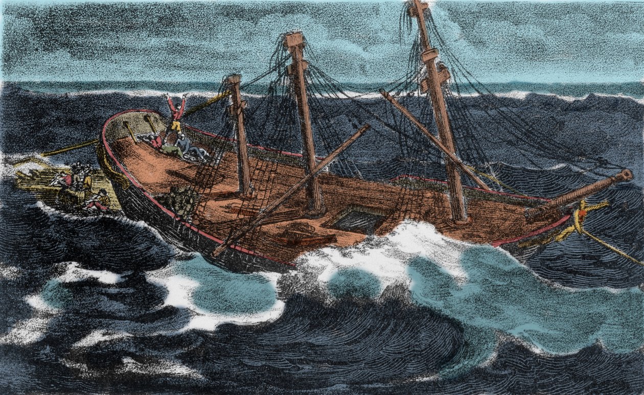 Fregatin "Meduse" lautan rakentaminen epäonnistui 2.7.1816 Arguinin rannalla lähellä Mauritanian rannikkoa. Kaiverrus 1800-luvulta tekijältä Unknown artist