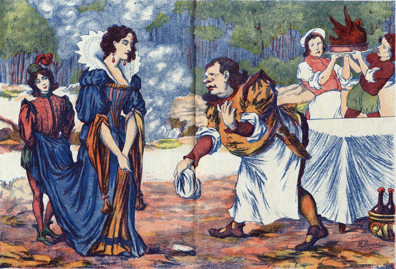 Kokki vastaa prinsessalle, että hän valmistaa Riquetin hääjuhlan. Nimetön kuvitus sanalle "" Riquet a la houppe"", ranskalaisen kirjailijan Charles Perraultin (1628-1703) tarina. Kuva Marcel Vagne, Jarville Nancy, päivätty (1800-luvun loppu). tekijältä Unknown artist