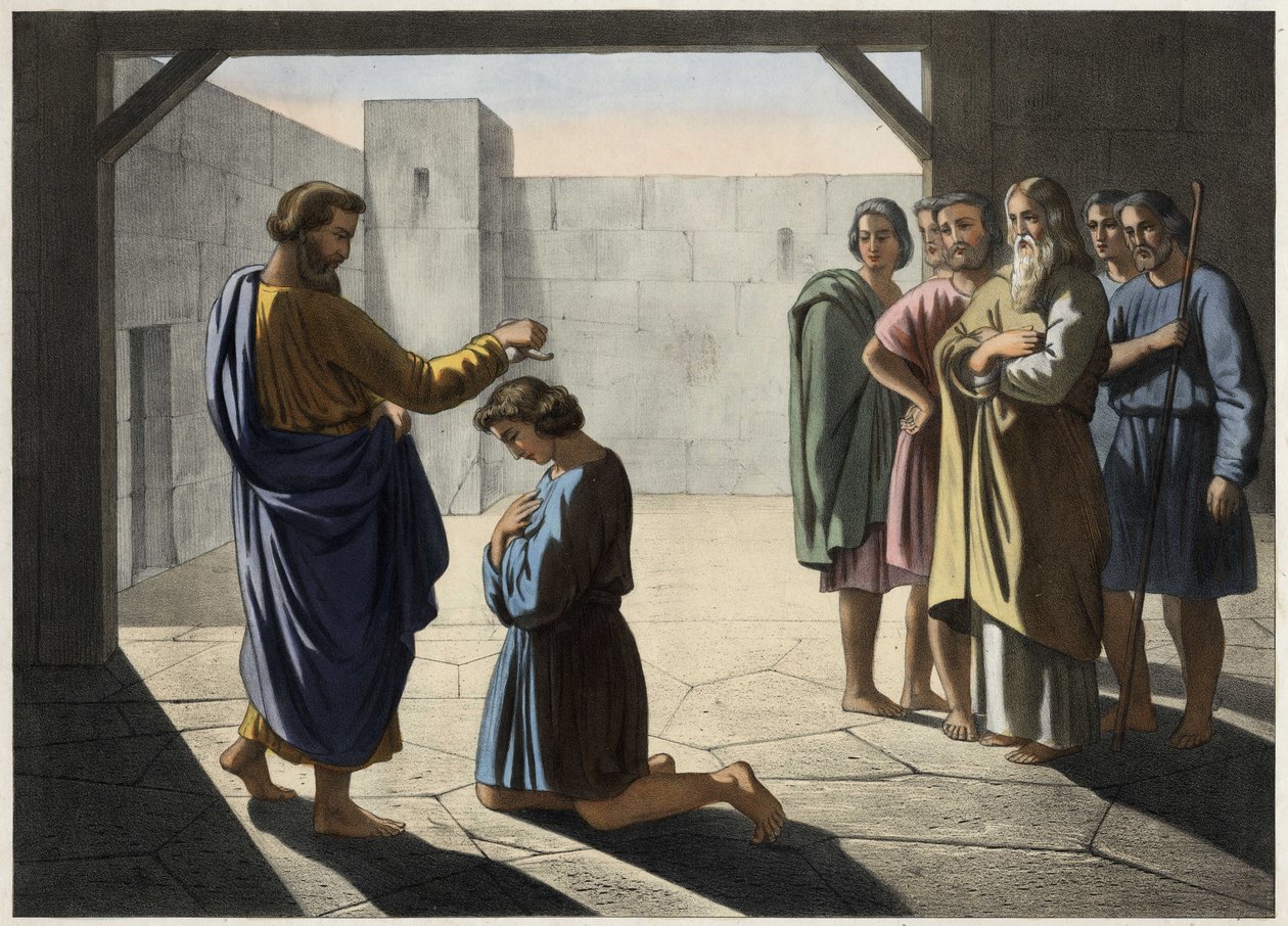 Daavidin kruunaus: Samuel nimeää Daavidin Israelin kuninkaaksi. Anonyymi kaiverrus 1800-luvulta. tekijältä Unknown artist