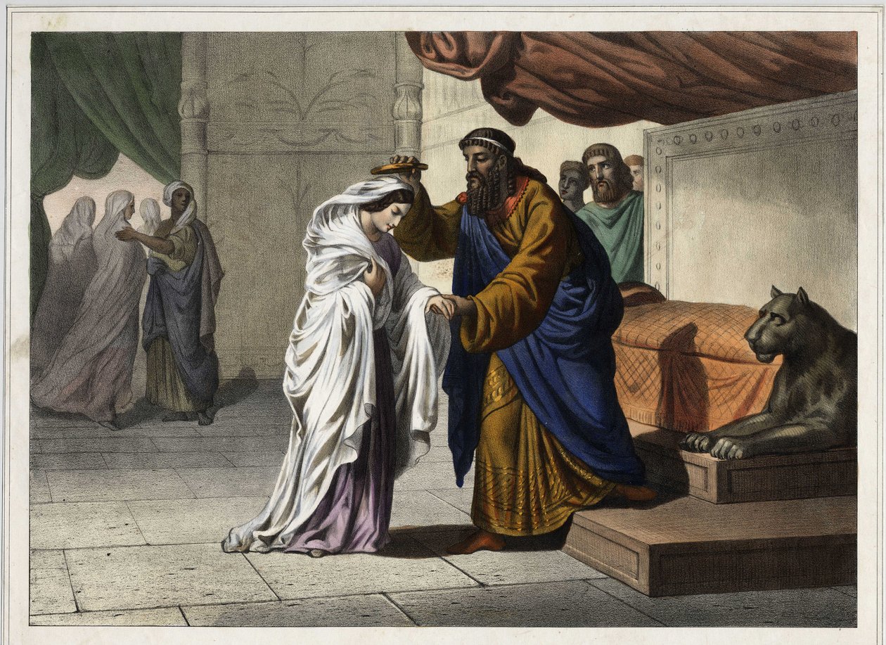 Esterin kruunaus: Persian kuningas Assverus 1st (Xerxes 1st) kruunaa vaimonsa Esterin. Anonyymi kaiverrus 1800-luvulta. tekijältä Unknown artist