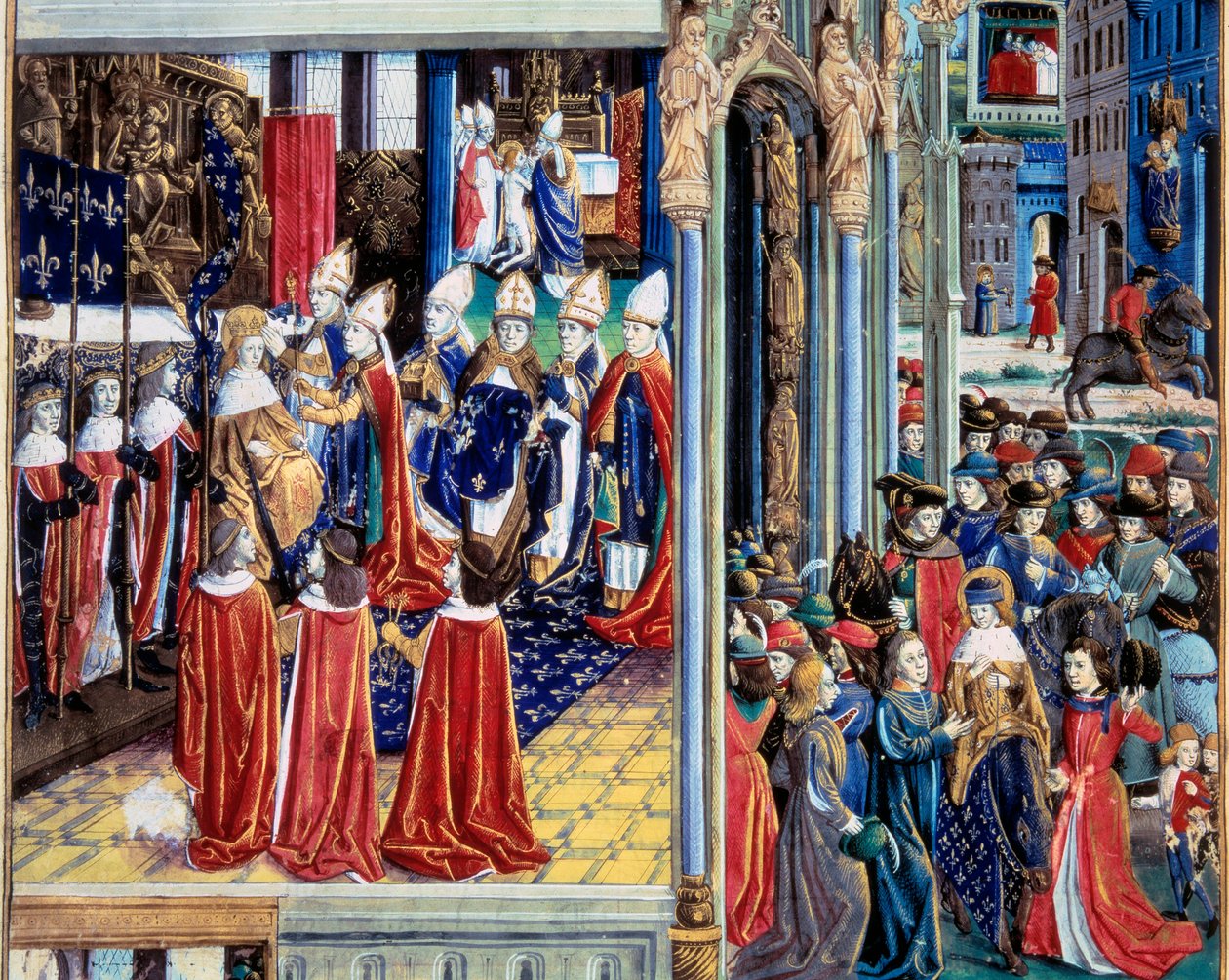 Kuningas Pyhän Ludvig (Louis IX) (1214-1270) kruunattiin 29.11.1226 Reimsin katedraalissa"" Miniatyyri käsikirjoituksesta "" Tosiasioiden kirja Monsignor Saint Louis""" 1400-luku. Paris, B.N tekijältä Unknown artist