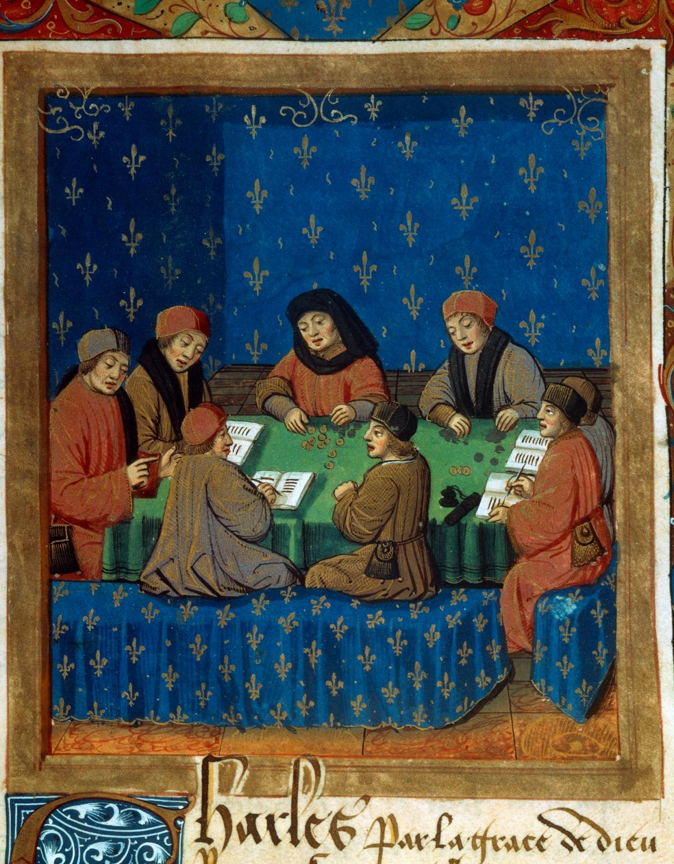 Nicolas Oresmen (1320-1382) Royal Tresorin miniatyyrin laskurit otettu hopealla (luultavasti De Moneta) tekijältä Unknown artist