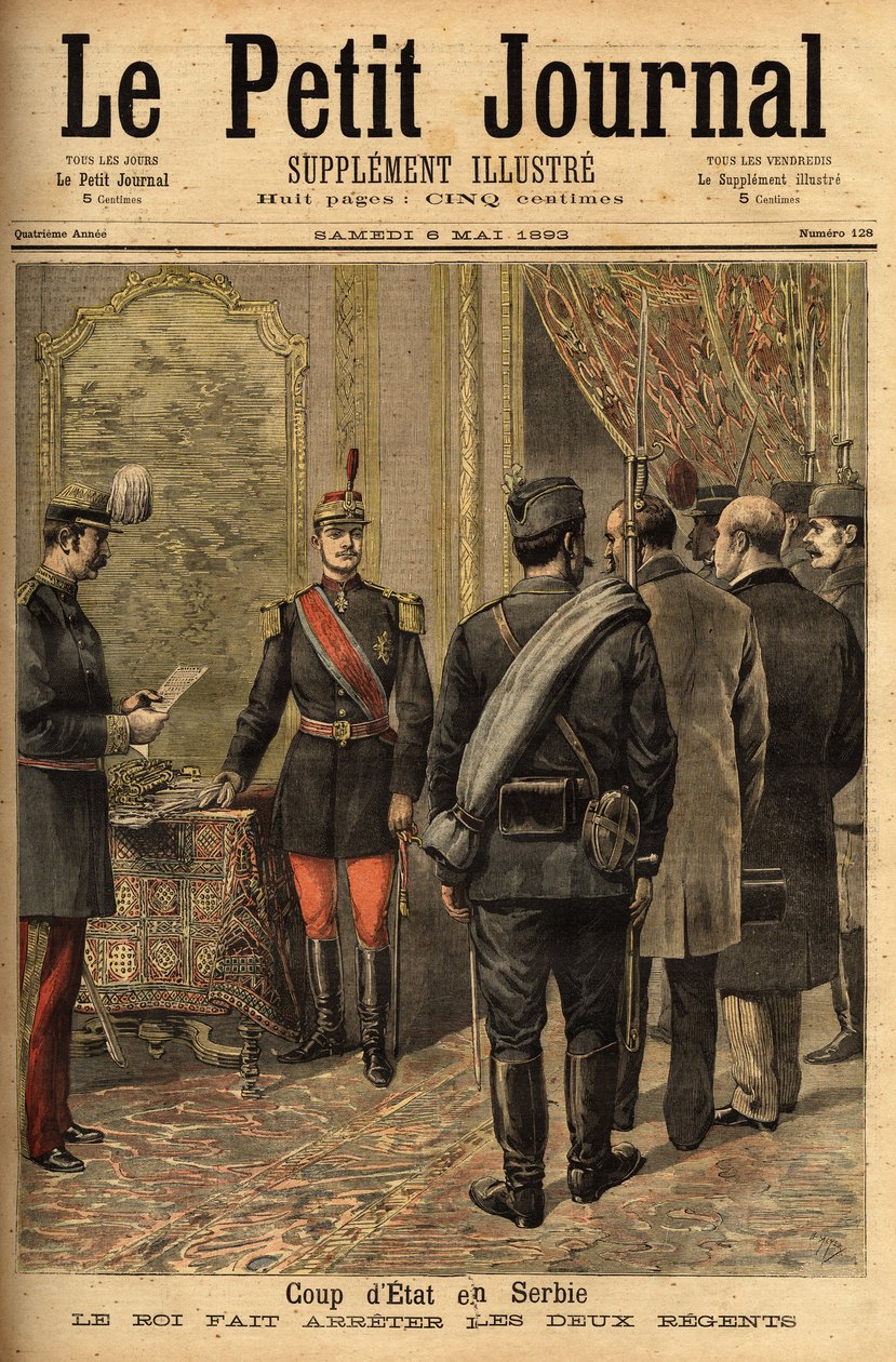Aleksanteri I Obrenovicin (1876-1903) 14.4.1893 vallankaappaus julisti hänen enemmistönsä, ja siihen kuuluivat Ristitchin ja Belimarkovichin valtionhoitajat sekä kaikki entisen hallituksen ministerit. Kaiverrus "" Le petit Journal" -julkaisussa 6/05/1893.  tekijältä Unknown artist