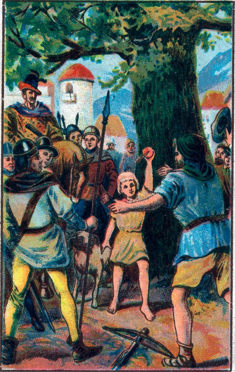 Varsijousi. Guillaume Tell (William Tell) (Sveitsin itsenäisyyden legendaariset sankarit). 1800-luvun lopun kromolitografia. tekijältä Unknown artist