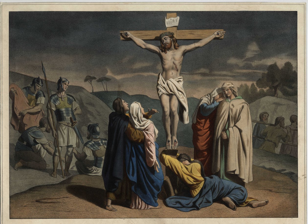 Kristuksen ristiinnaulitseminen. Ristiin teksti "INRI". Anonyymi kaiverrus 1800-luvun puolivälistä. tekijältä Unknown artist