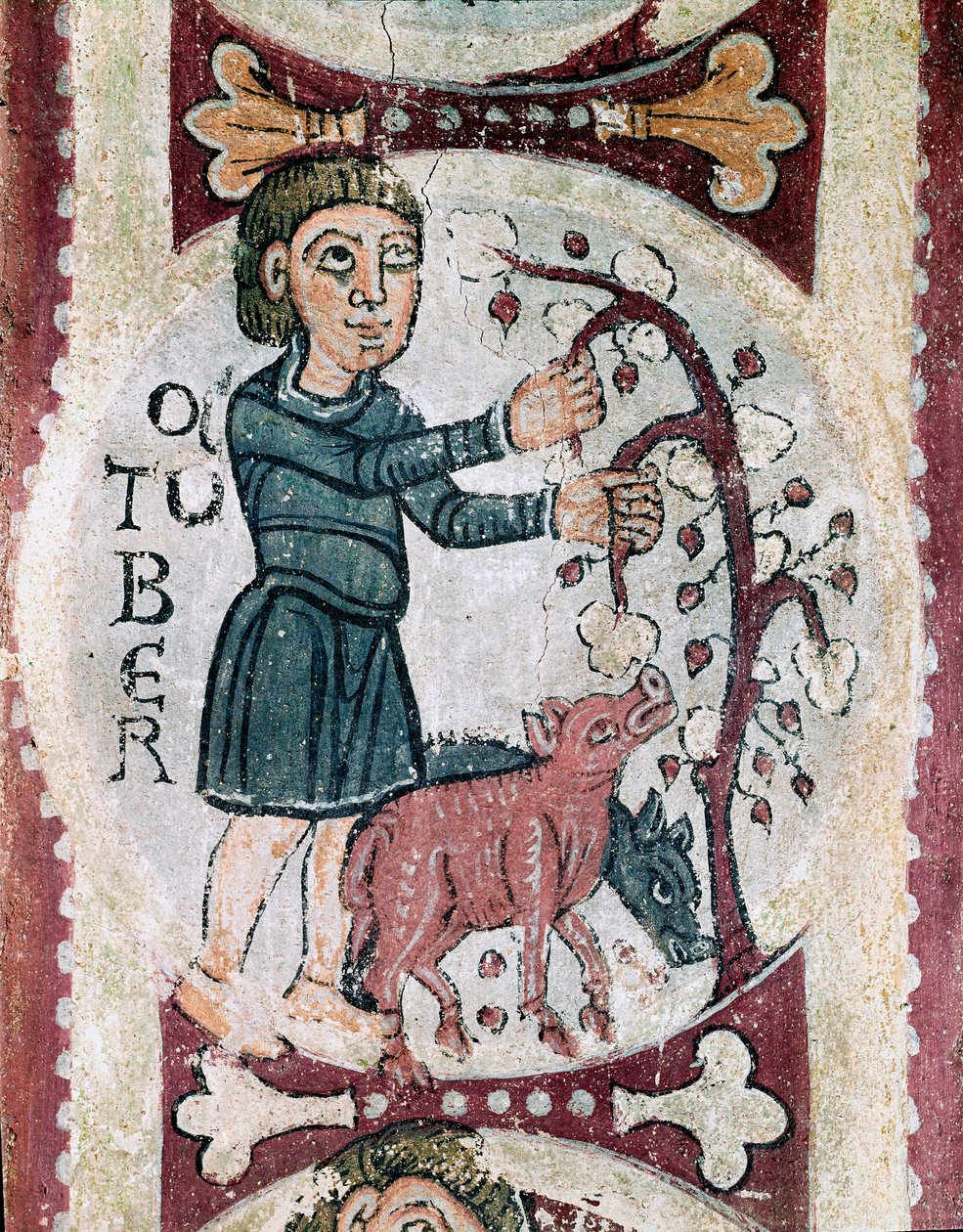 Kuukausien kierto: lokakuu: tammenterhojen kokoelma. Yksityiskohta 1100-luvun freskosta San Isidoron Real Colegiata (Royal Collegiale of Saint Isidore) kuninkaallisesta panteonista. Leon. tekijältä Unknown artist