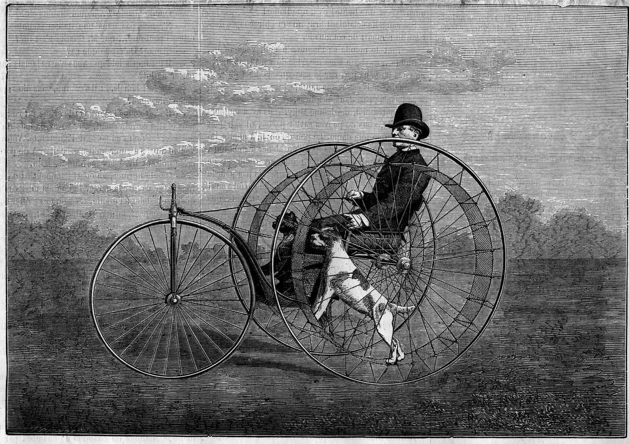 Kynofere: koirien kuljettama velocipede. 1800-luvun lopun keksintö. Kaiverrus 6. toukokuuta 1876 julkaistuun "Maailmankaikkeuden" -julkaisuun. tekijältä Unknown artist
