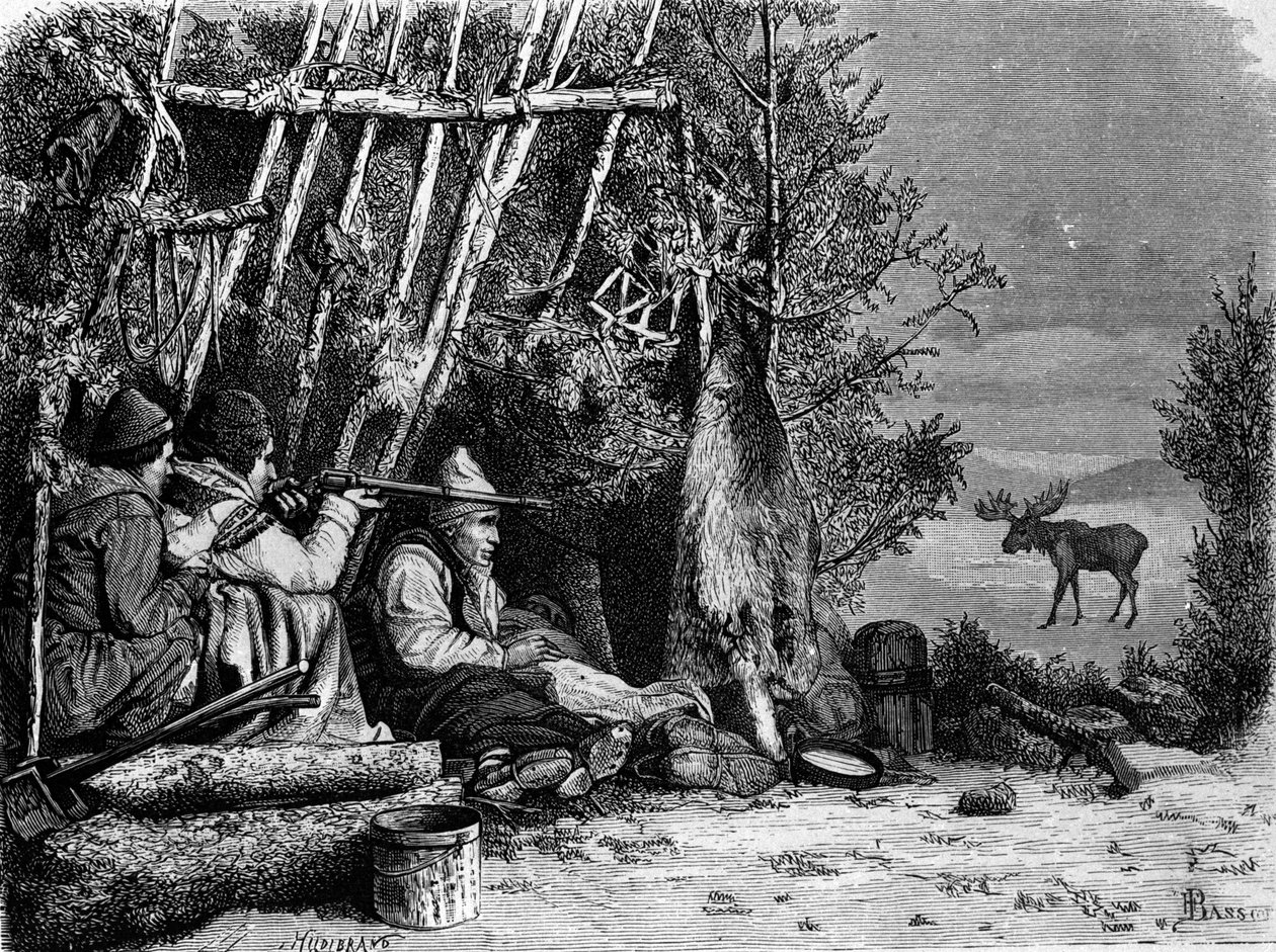Ansastajien (ammattimetsästäjien) arkipäivä Kanadassa: kaksi karibumetsästäjää. Kaiverrus 1800-luvulta. tekijältä Unknown artist