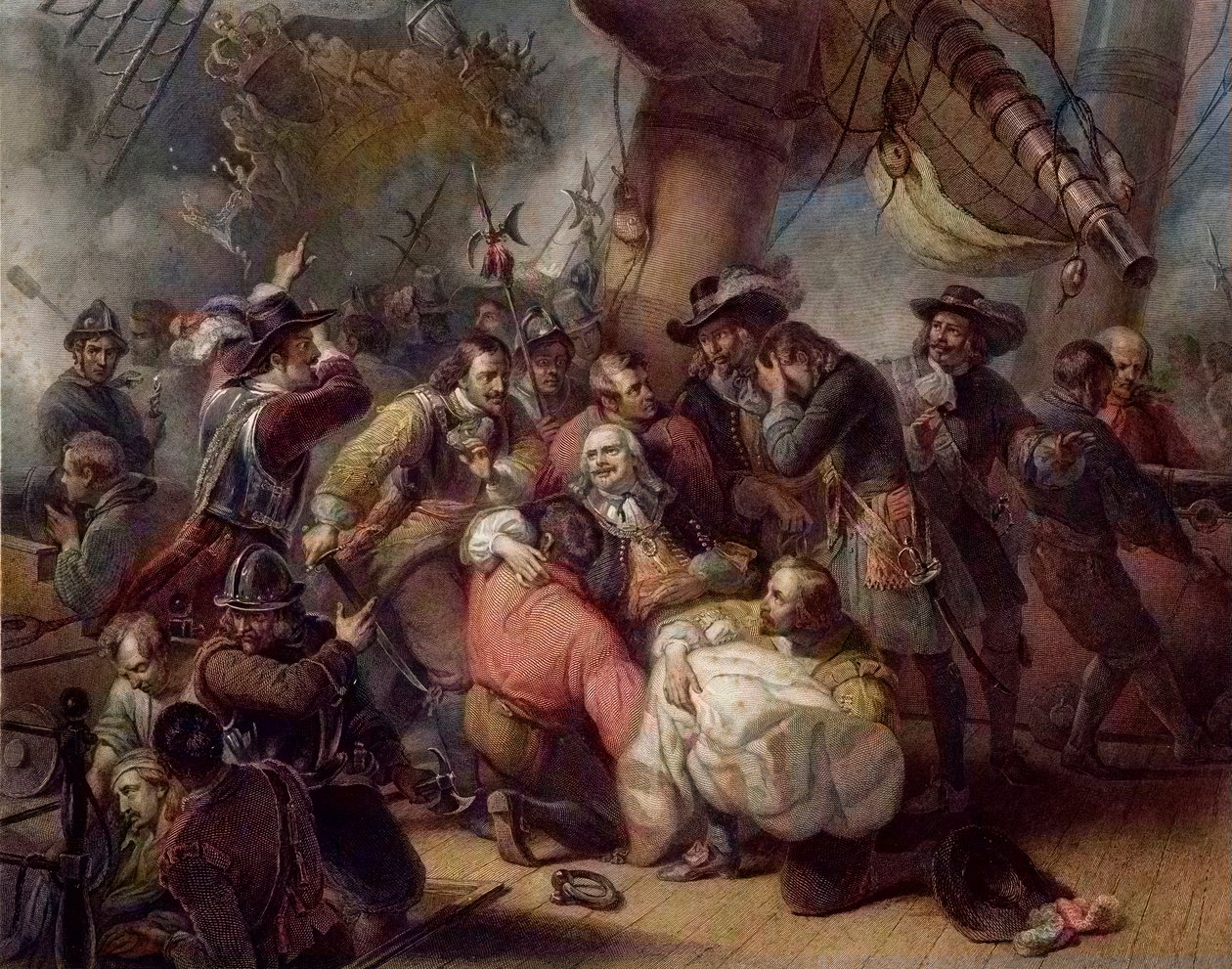 Admiraali De Ruyterden kuolema - Michel de Ruyterin (Michiel Adriaenszoon de Ruyter (1607-1676), Yhdistyneiden maakuntien kenraaliluutnantti, merivoimien sankarit, joilla oli tärkeä rooli 1600-luvun anglo-hollantilaisten sotien aikana, kuolema. E tekijältä Unknown artist