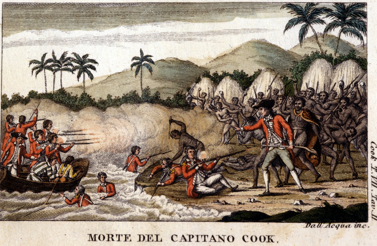 Kapteeni Cookin kuolema ”Viaggi del Capitano Cookin”” jälkeen Milanossa 1820 tekijältä Unknown artist