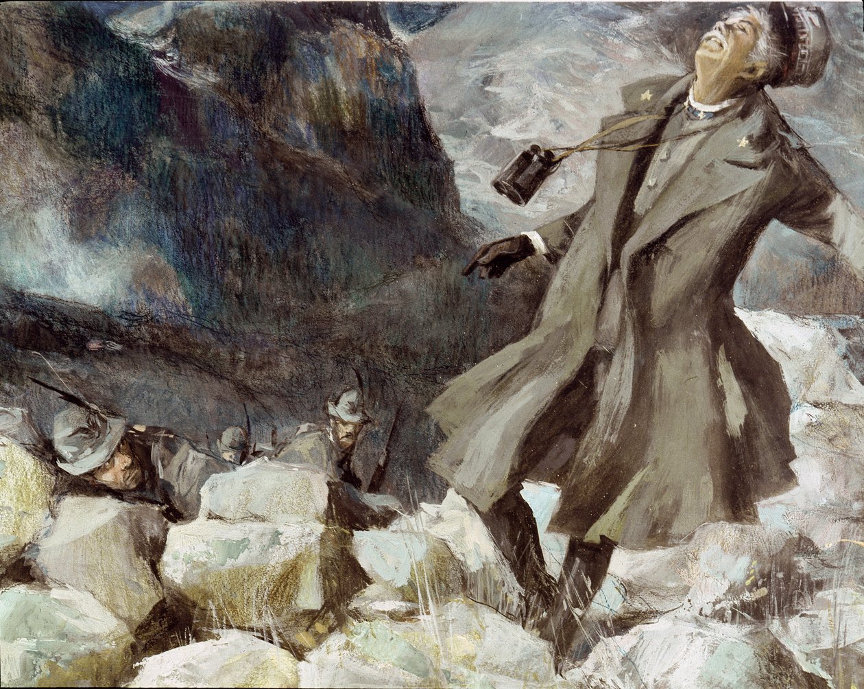 Kenraali Antonio Cantoren kuolema Tofanen vuorilla 20. heinäkuuta 1915 (maalaus) tekijältä Unknown Artist