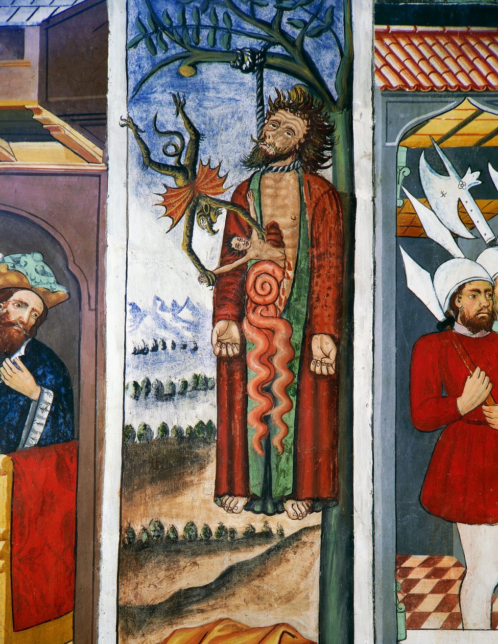 Juudaksen kuolema, Kristuksen elämä (1400-luku), freskot, Pyhän Sebastianin kappeli, Villard-de-Lans, Rhône-Alpes, Ranska. tekijältä Unknown artist
