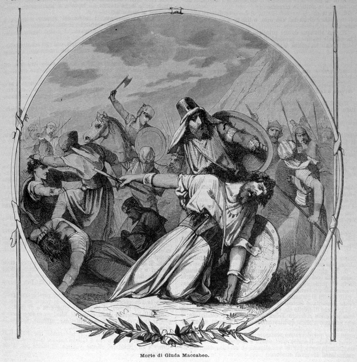 Juudas Makkabeen (Maccabee tai Macabee) kuolema makkabealaisten kapinan aikana Seleukideja vastaan vuonna 160 eaa. Kaiverrus 1800-luvulta. tekijältä Unknown artist