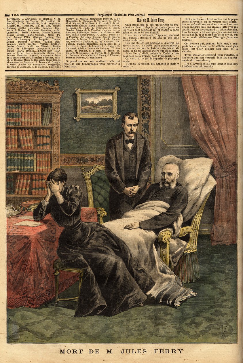 Jules Ferryn (1832-1893), republikaanipoliitikon, Laique-koulun puolustajan ja siirtomaavallan laajentamisen kannattajan, kuolema. Kaiverrus "" Le petit Journal" -lehdessä 1/04/1893. Selvan kokoelma. tekijältä Unknown artist