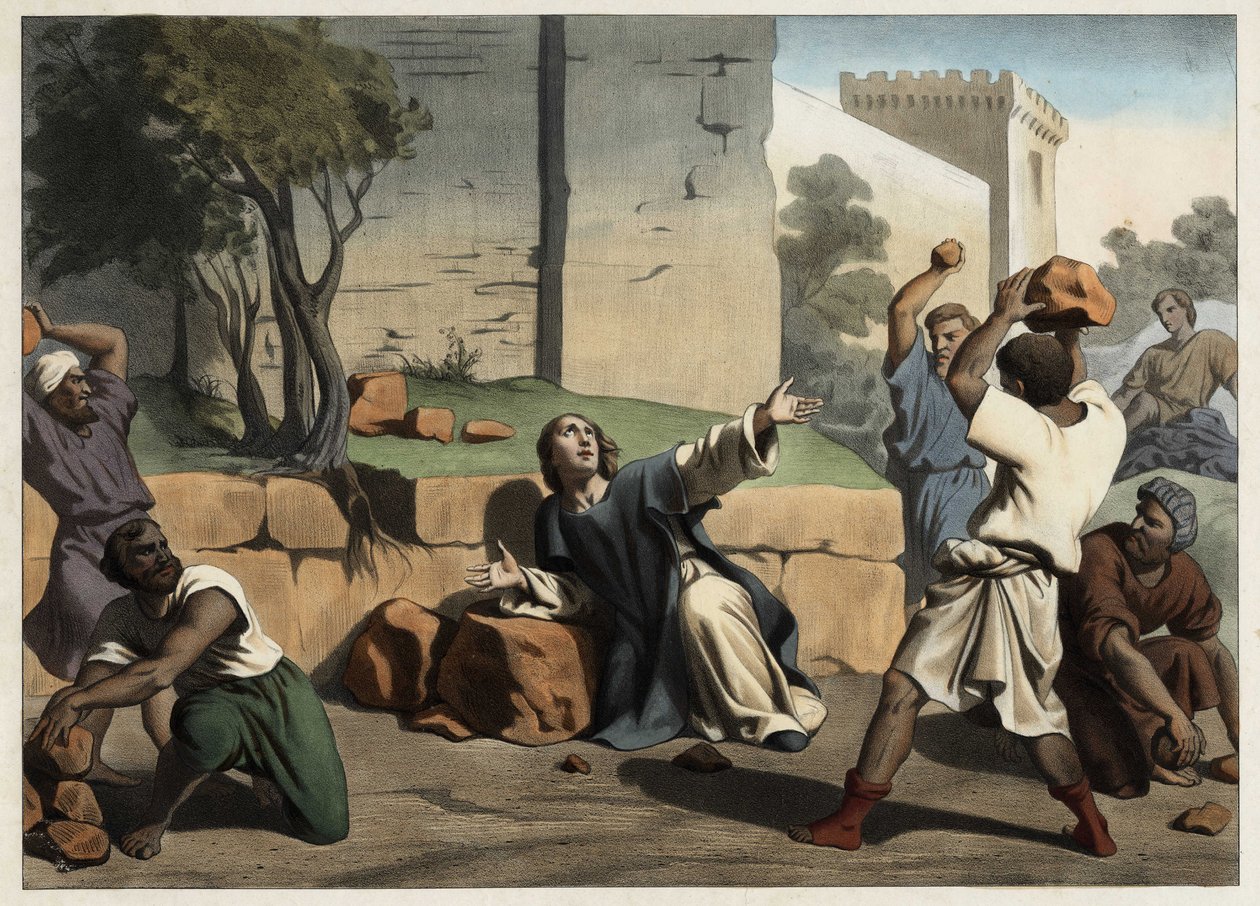 Pyhän Stefanoksen kuolema: Juutalaisten kivittämä Pyhä Stefanus pidetään ensimmäisenä kristittynä marttyyrina. Anonyymi kaiverrus 1800-luvun puolivälistä. tekijältä Unknown artist