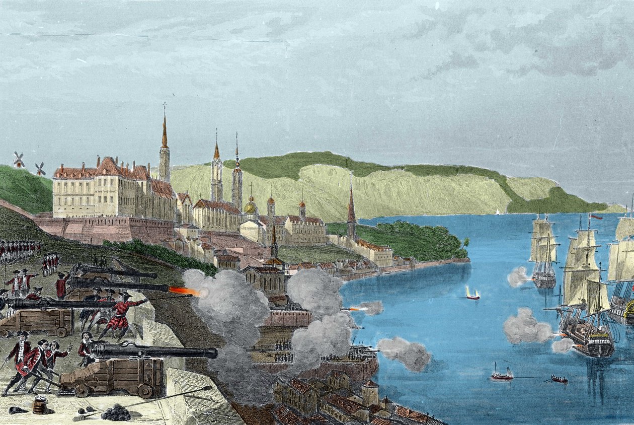 Quebecin puolustus, jonka teki kreivi Louis de Buade, Frontenacin kreivi (1622-1698) 16.10.1690. Coloree kaiverrus Van Tenacin "Histoire generale de la marine". tekijältä Unknown artist
