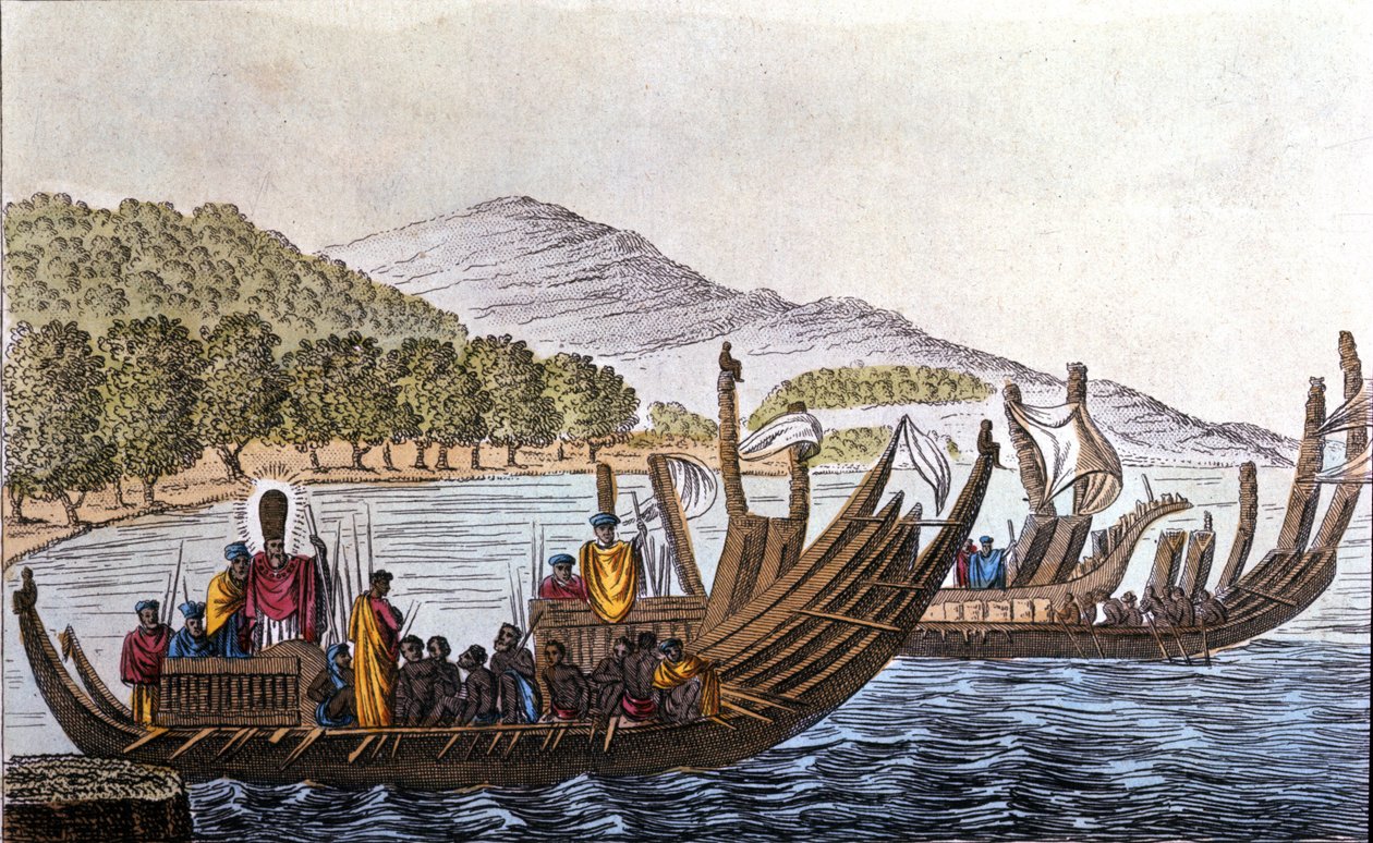 Tyynenmeren polynesialaisten osasto kaksoisrunkoisten kanoottien kyydissä. Litografia 1800-luvun alusta tekijältä Unknown artist