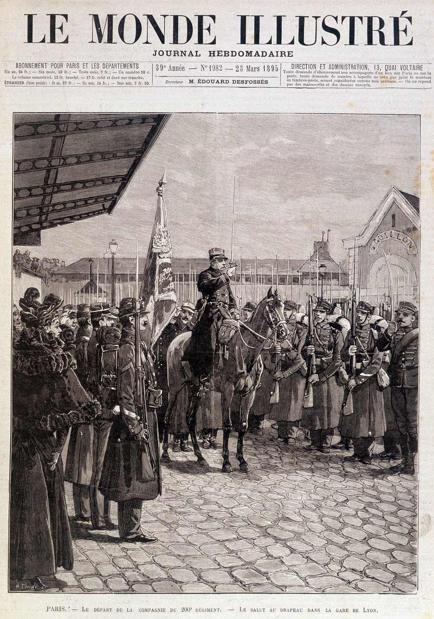 200. rykmentin komppanian lähtö. Tervehdys Gare de Lyonin lipulle. "" Kuvitettu maailma"". 23/03/1895. Piirustus. tekijältä Unknown artist
