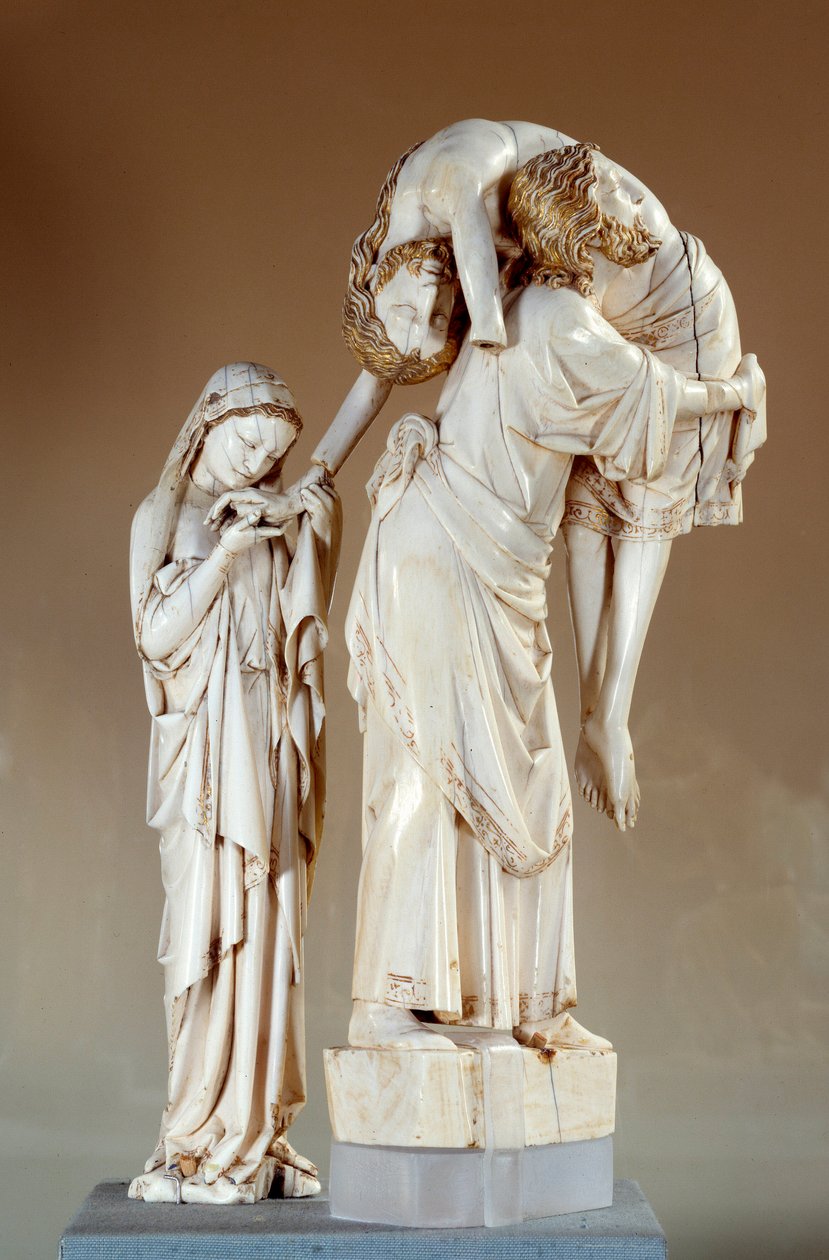 Ristin laskeutuminen: Kristus kantaa Pyhän Johanneksen, Neitsyt-ryhmän norsunluuveistosta. 1200-luvun loppu. Pariisi, Louvre-museo tekijältä Unknown artist