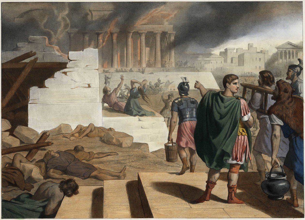 Rooman keisari Tituksen (40-81) toimesta Jerusalemin temppelin ja kaupungin tuhoutuminen vuonna 70. Anonyymi kaiverrus 1800-luvun puolivälistä. tekijältä Unknown artist