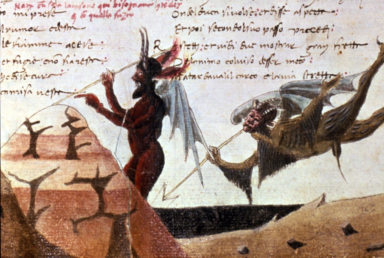 Paholaiset helvetin ympyrässä Dante Alighierin (1265 - 1321) 1300-luvun käsinkirjoitetun Divina Commedian (Divine Comedy) jälkeen. Bibl.Trivulziana Milan. tekijältä Unknown artist
