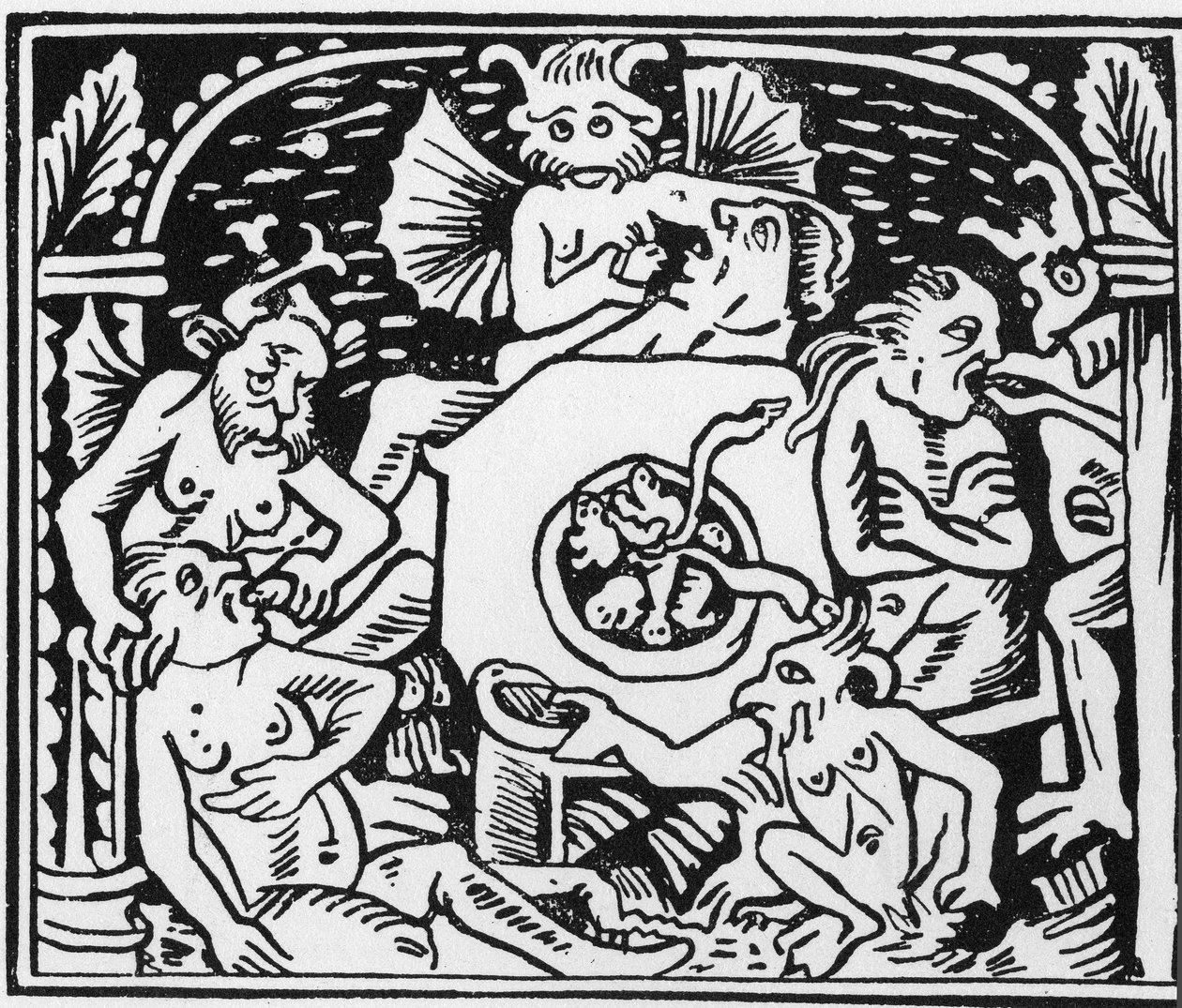 Paholaisen kiduttajat pakottavat rupikonnat ja käärmeet ahmatioiden luo - "" Grand Calendrier et Compost des Bergers", Lyon tekijältä Unknown artist