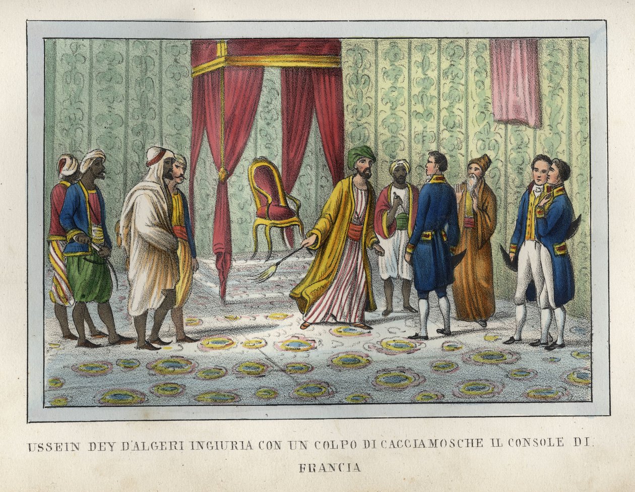Algerialainen Hussein, joka katsoi olevansa loukannut Ranskan konsuli Pierre Devalia, oli räjäyttänyt hänet perhometsästäjästään huhtikuussa 1827. Tämä jakso oli ratkaiseva Algerin vangitsemiseen vuonna 1830 johtaneiden tapahtumien kehityksessä. Kaiverrus  tekijältä Unknown artist