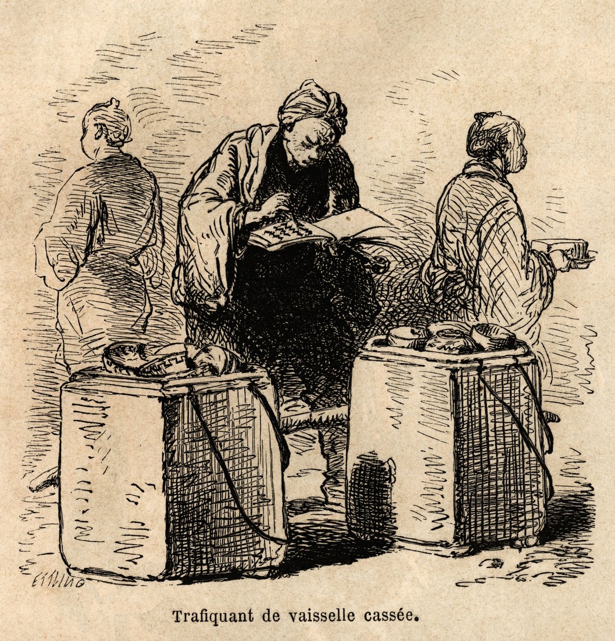 Likaisten astioiden myyjä. Kaiverrus havainnollistamaan matkaa Japaniin, Aime Humbert, Sveitsin valaliiton ministeri, 1863-1864, julkaistu "" le tour du monde" -julkaisussa, Edouard Chartonin johdolla, Hachette, Paris 1869. Selva Collection. tekijältä Unknown artist