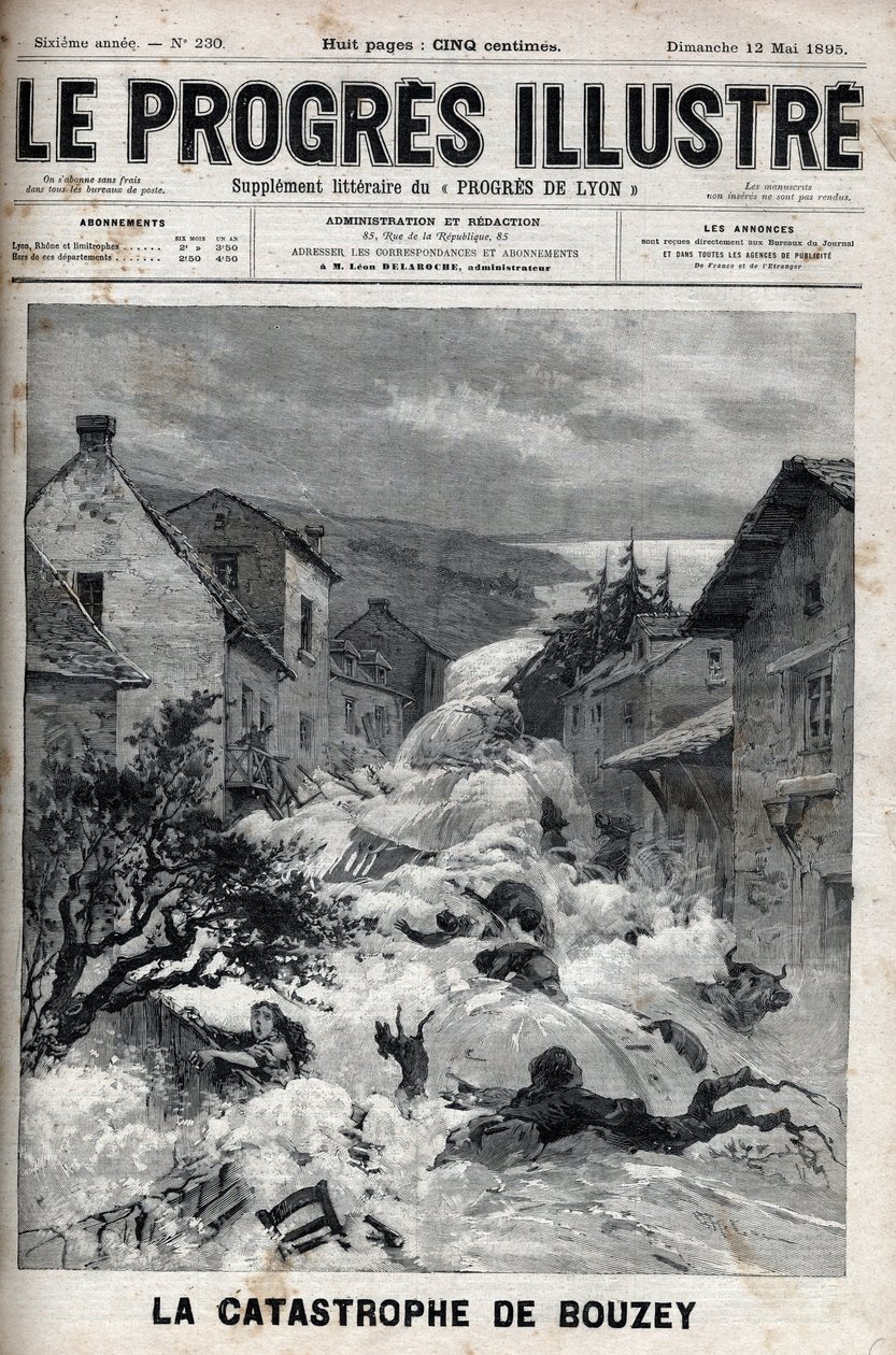 Bouzeyn (Vosges) katastrofi, Epinal-säiliön pato murtui, kaataen 7 miljoonaa kuutiometriä vettä - Kaiverrus "Le Progres illustrious" -kirjaan vuodelta 1895 tekijältä Unknown artist