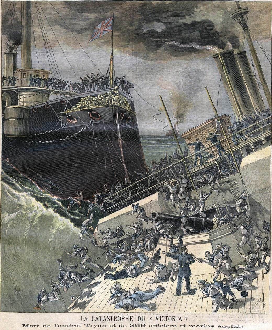 Taistelulaivan "Victoria" katastrofi vuonna 1893. Amiraali Tryonin ja 359 upseerin ja englantilaisen merimiehen kuolema tekijältä Unknown artist