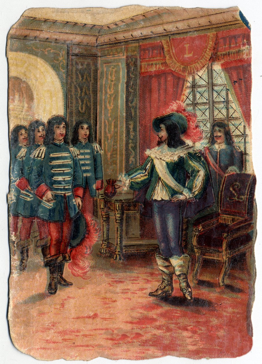 Eripuraisuus kolmen muskettisoturin ja kardinaali Jules Mazarinin vartijan (Giulio Raimondo Mazzarino tai Mazarino) (1602-1661) välillä. 1800-luvun kromolitografia. tekijältä Unknown artist